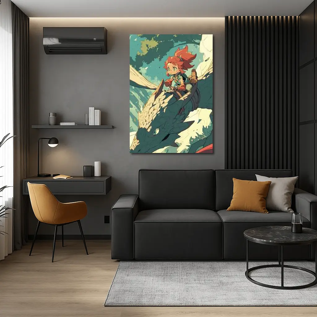 Anime Girl Riding Dragon Fantasy Art – Wall Art