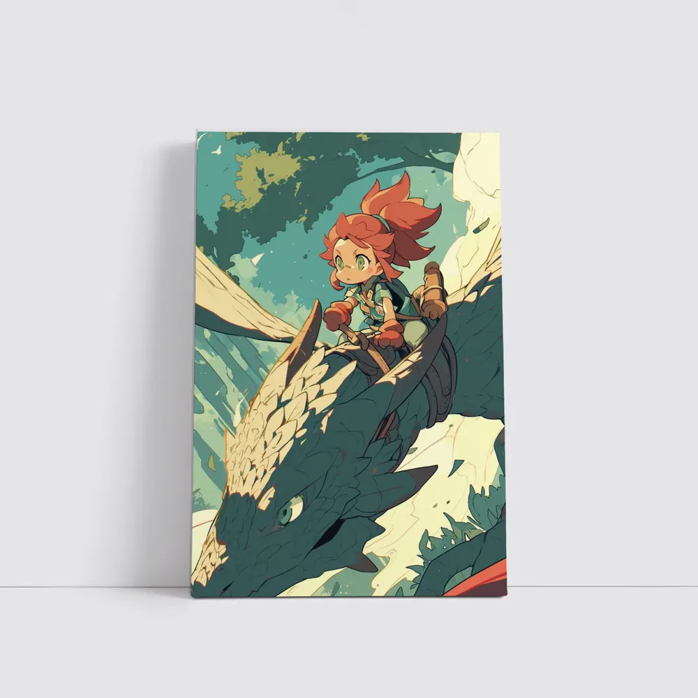 Anime Girl Riding Dragon Fantasy Art – Wall Art