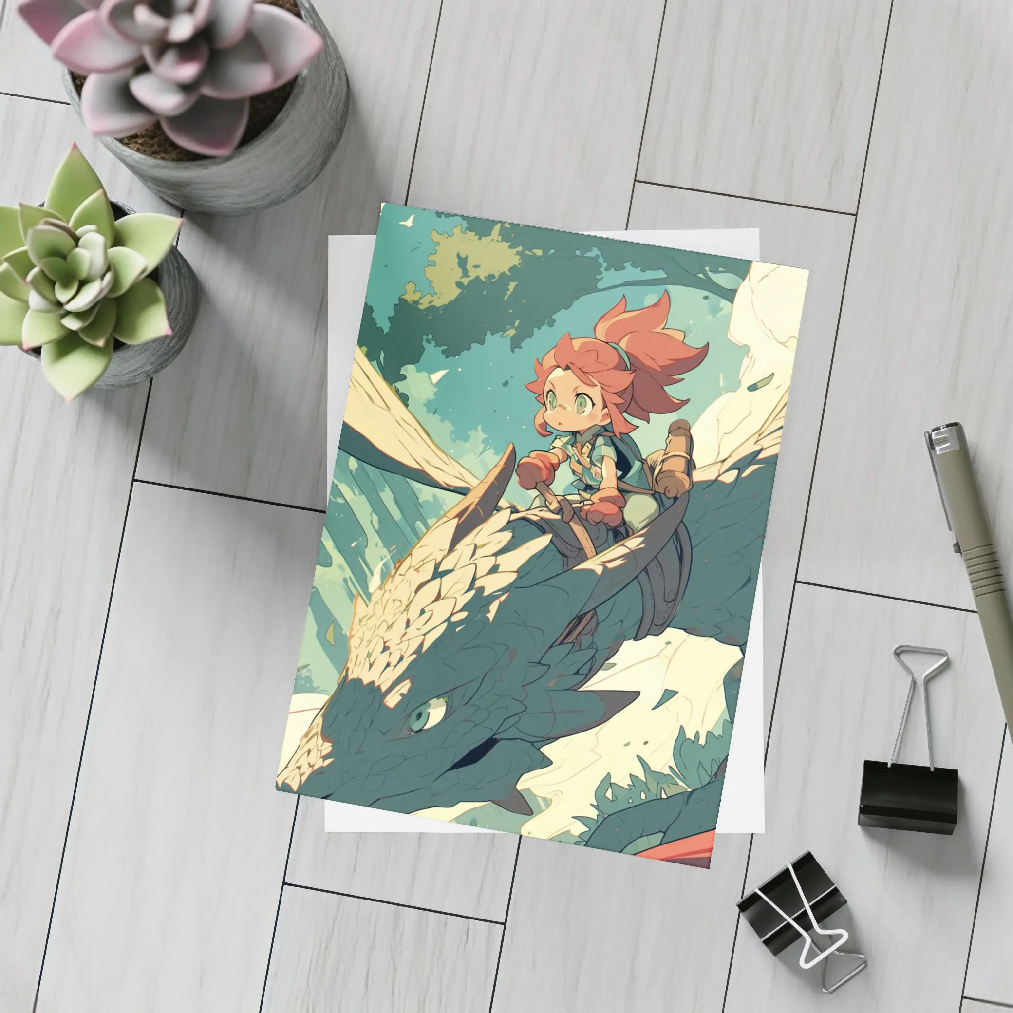 Anime Girl Riding Dragon Fantasy Art – Postcards