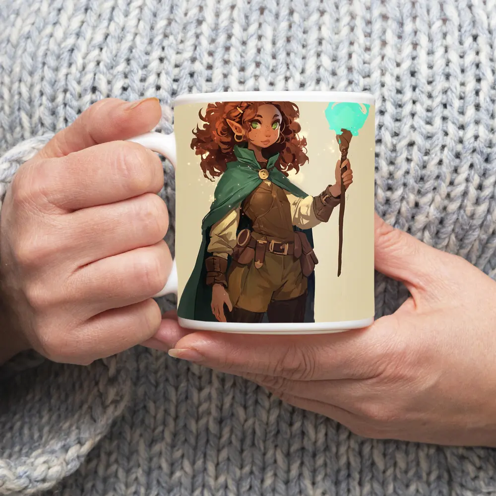 Fantasy Gnome Mage With Glowing Magic Staff – Mugs
