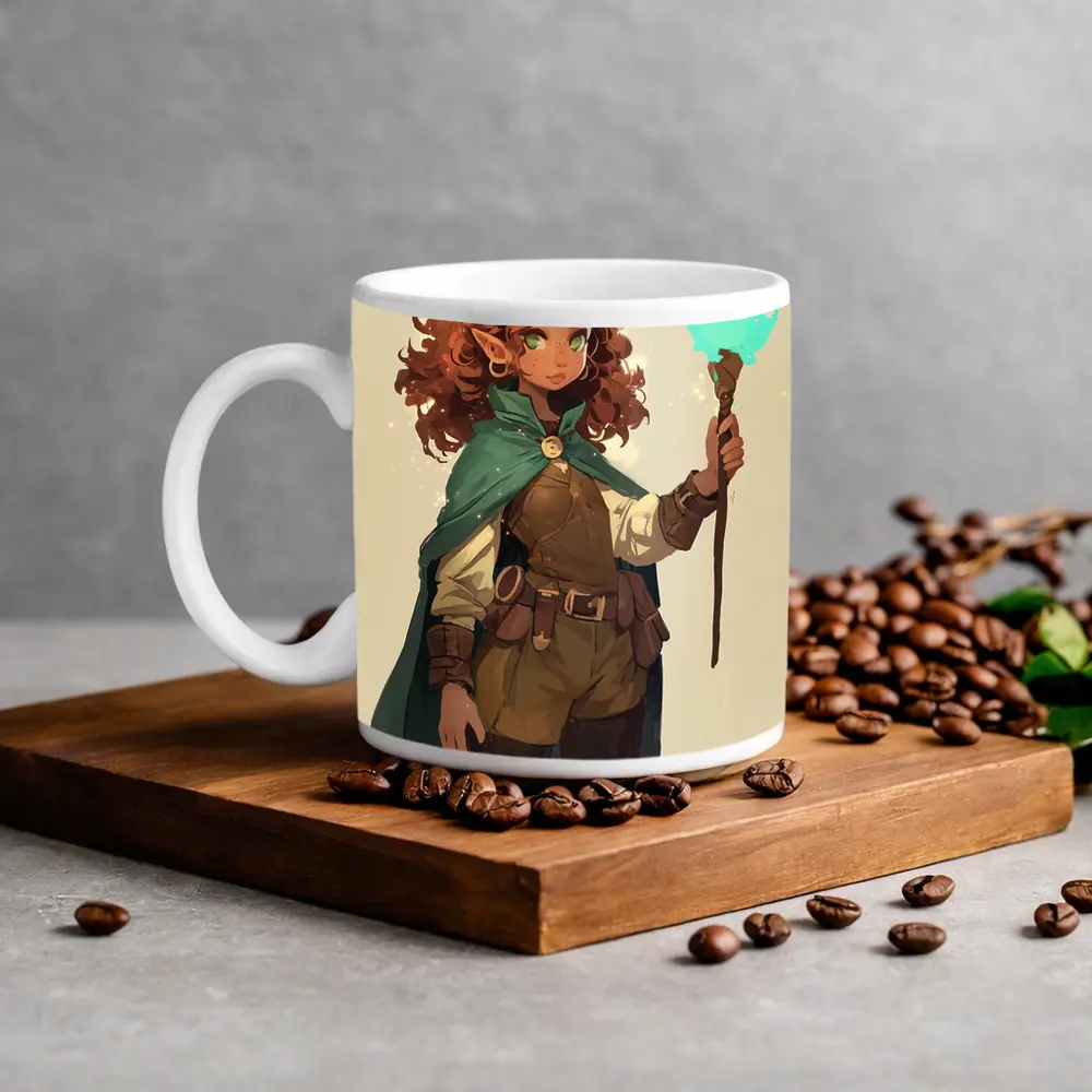 Fantasy Gnome Mage With Glowing Magic Staff – Mugs