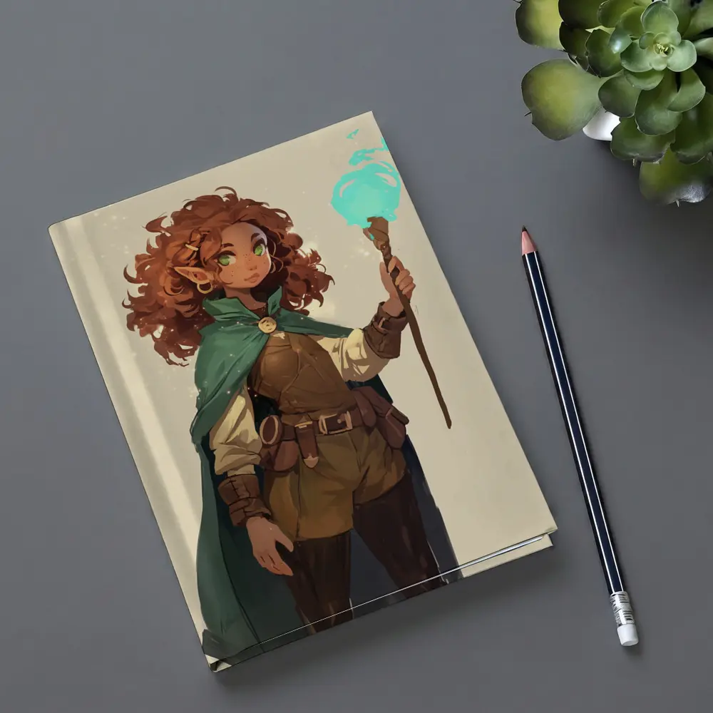 Fantasy Gnome Mage With Glowing Magic Staff – Notebooks