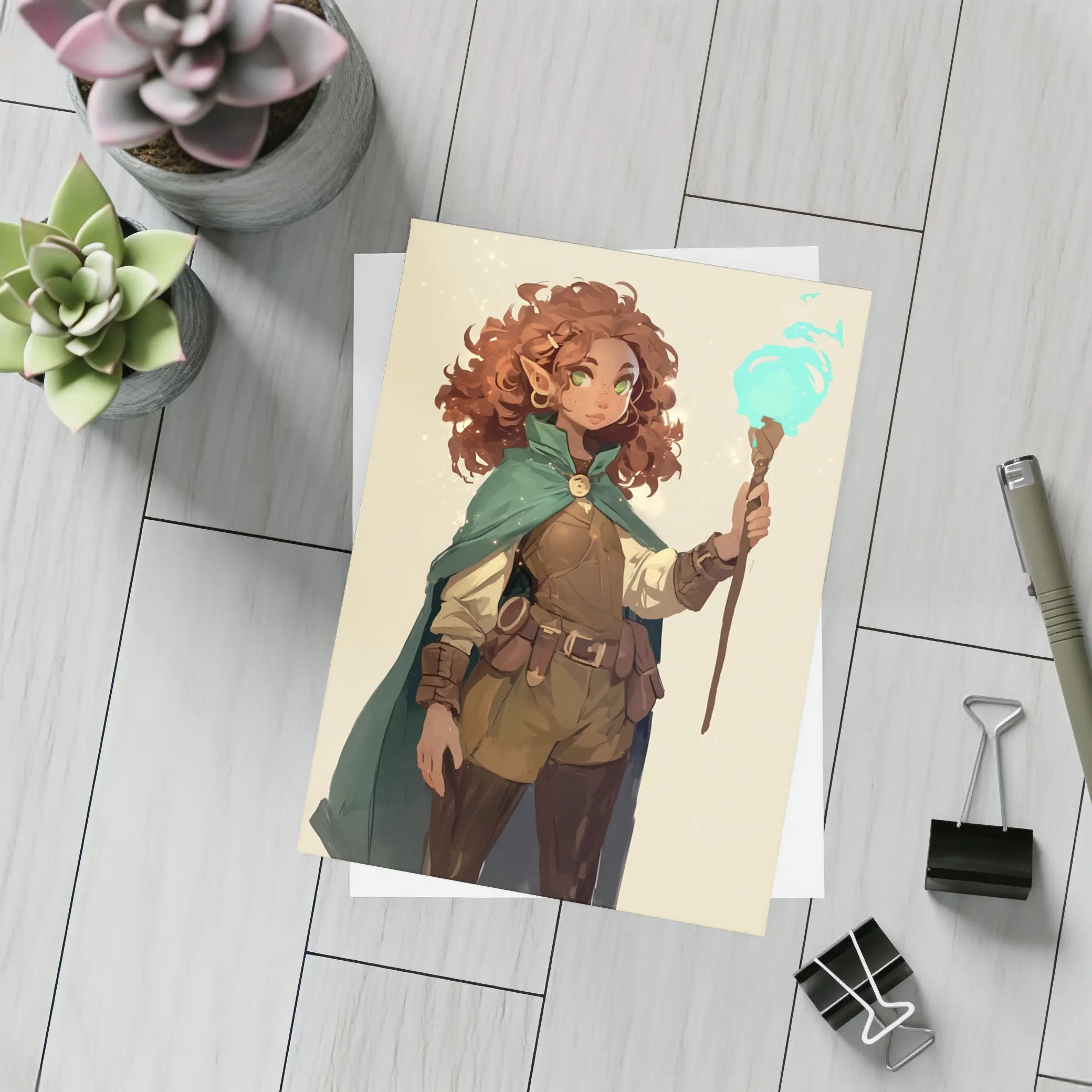 Fantasy Gnome Mage With Glowing Magic Staff – Postcards