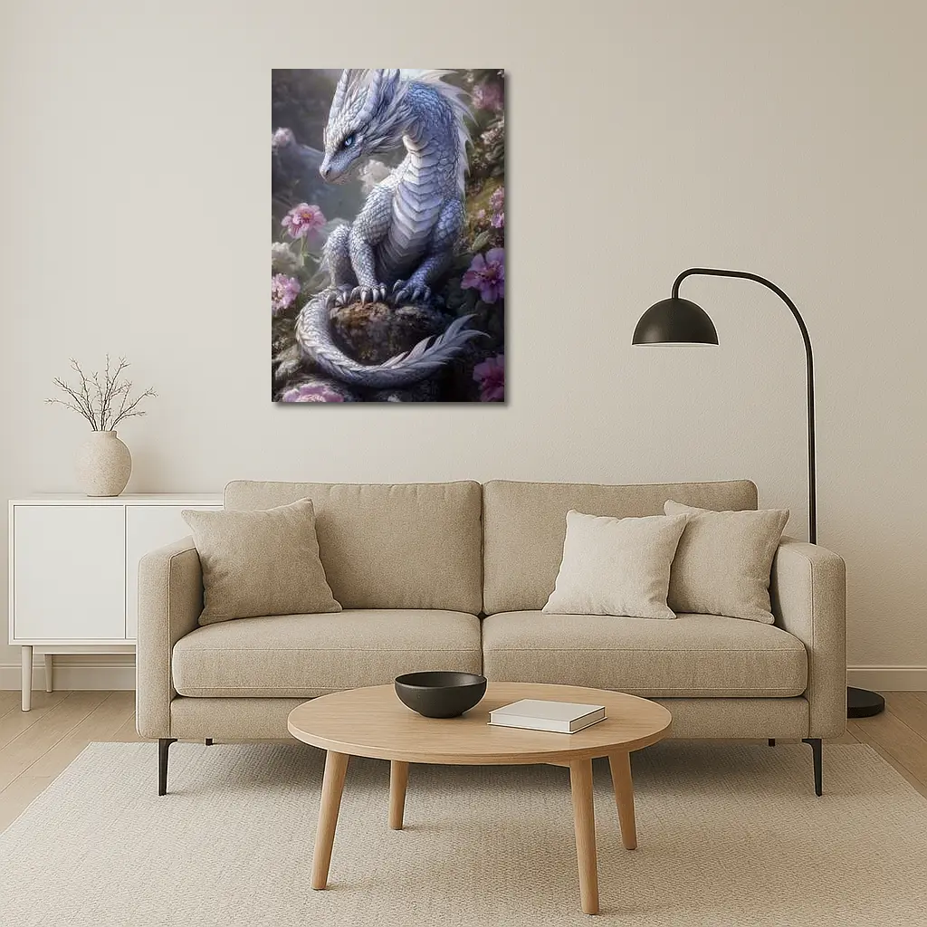 White Dragon Sitting Among Pink Flowers – Wall Art