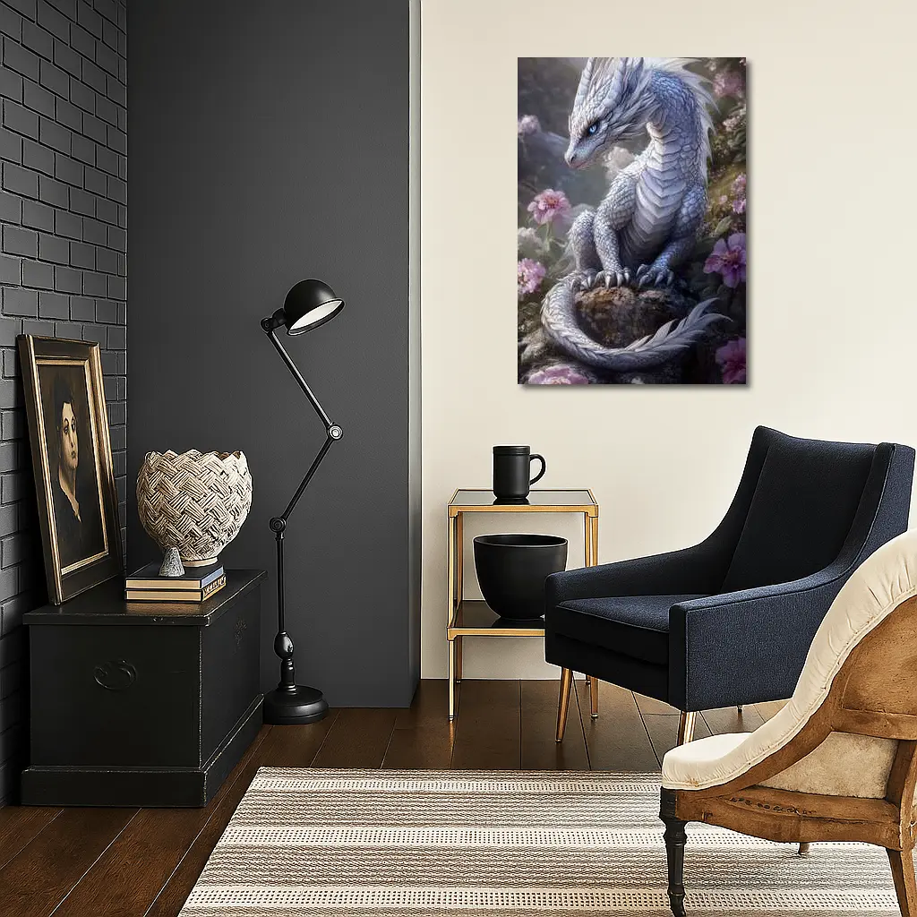 White Dragon Sitting Among Pink Flowers – Wall Art