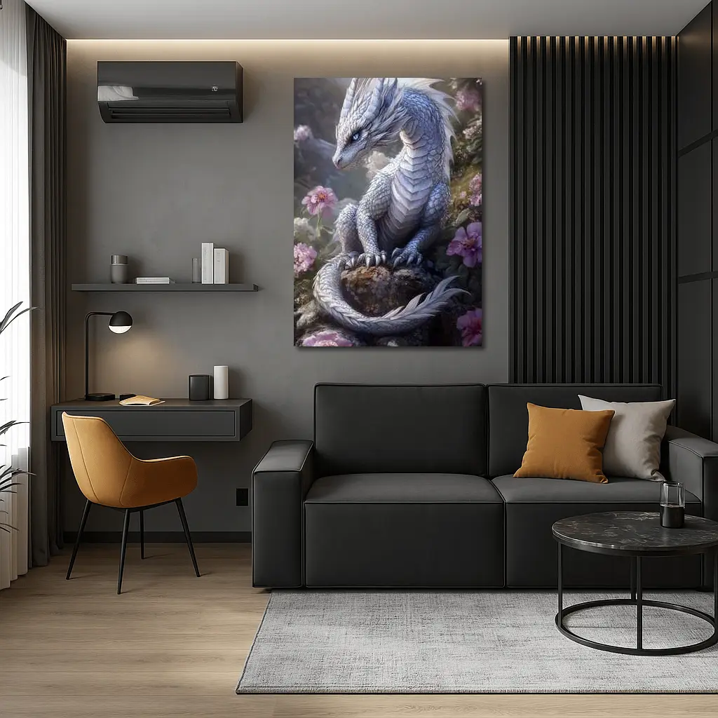 White Dragon Sitting Among Pink Flowers – Wall Art