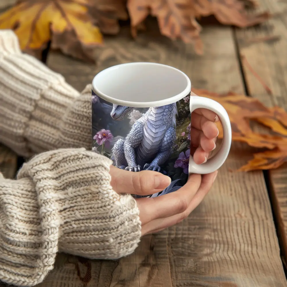White Dragon Sitting Among Pink Flowers – Mugs