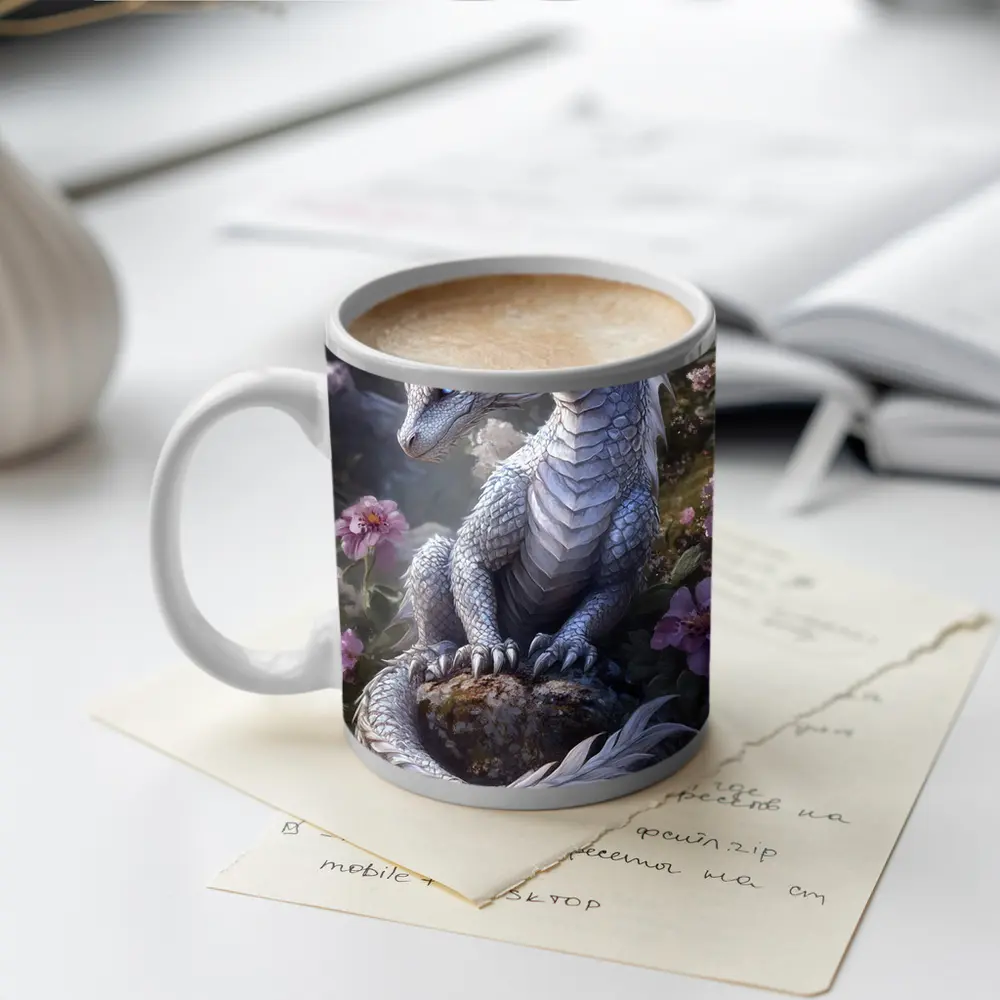 White Dragon Sitting Among Pink Flowers – Mugs