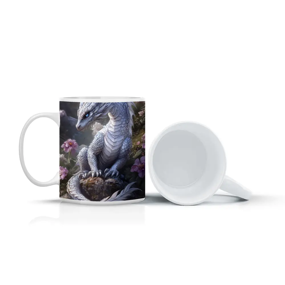 White Dragon Sitting Among Pink Flowers – Mugs