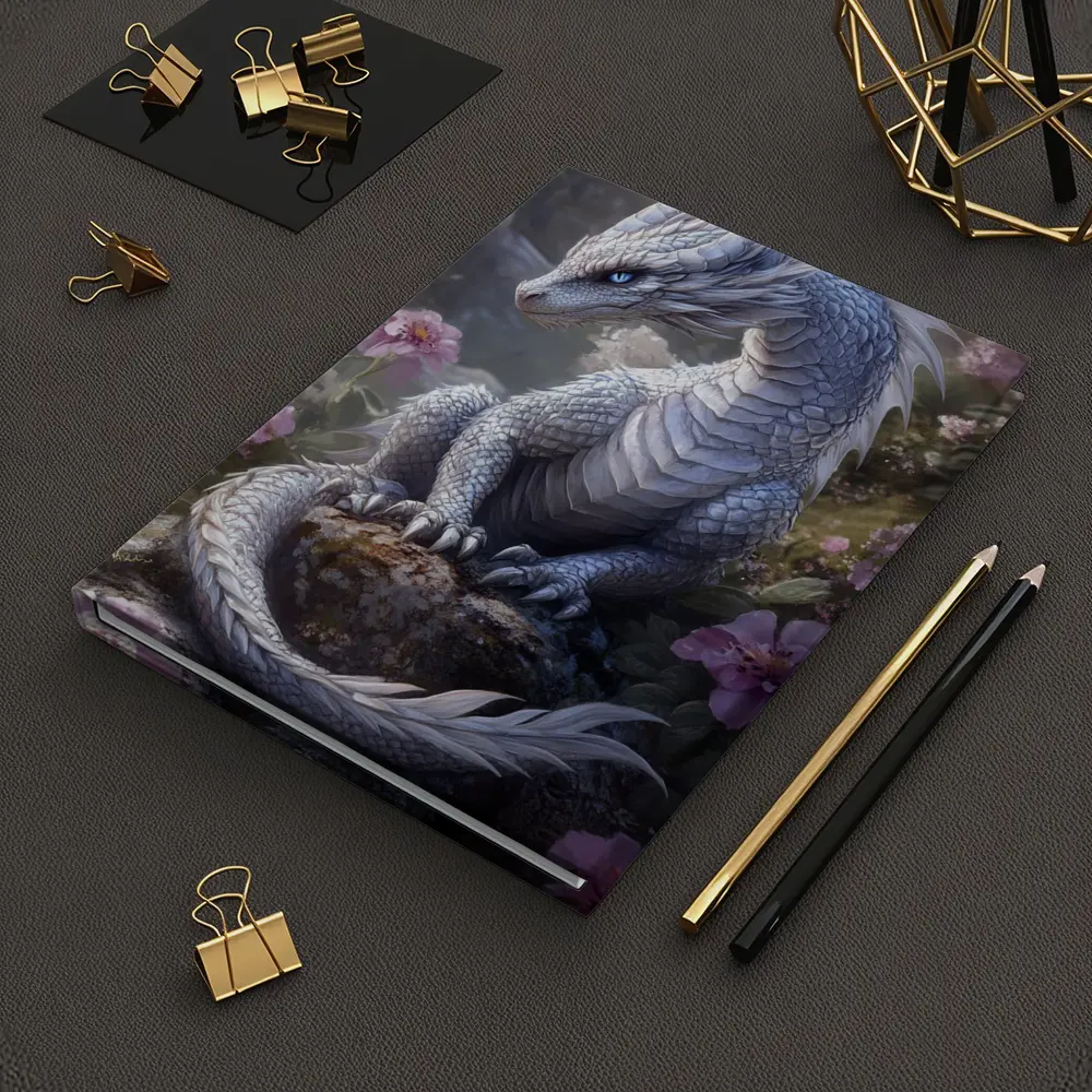 White Dragon Sitting Among Pink Flowers – Notebooks