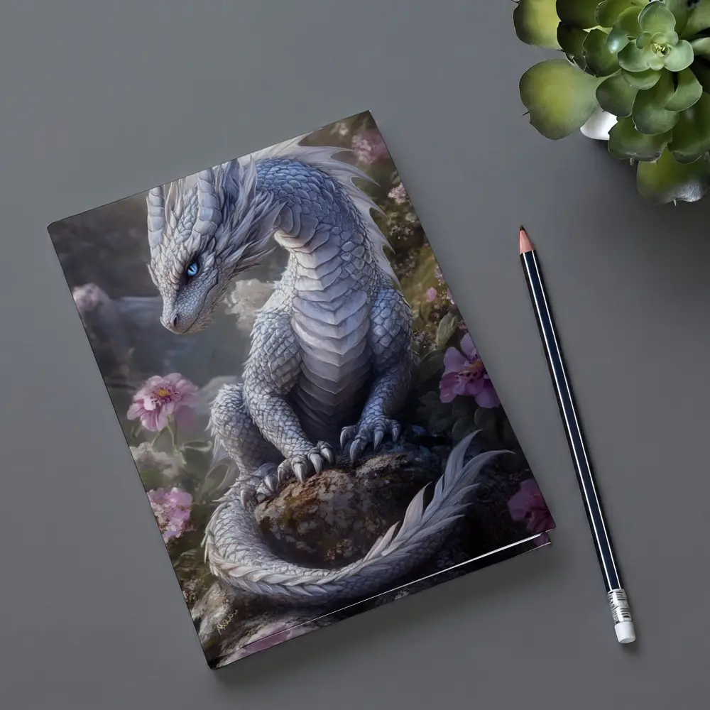 White Dragon Sitting Among Pink Flowers – Notebooks