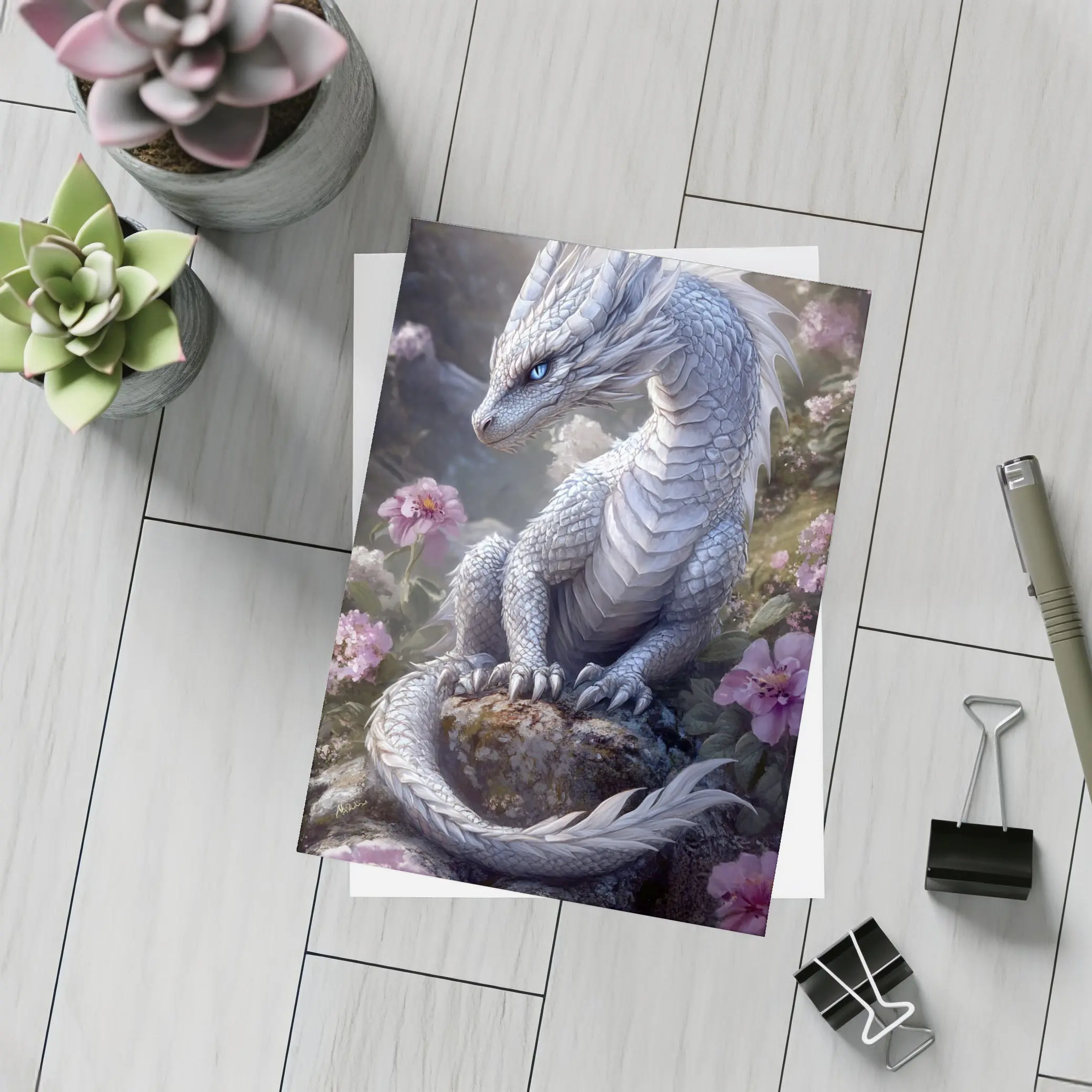White Dragon Sitting Among Pink Flowers – Postcards