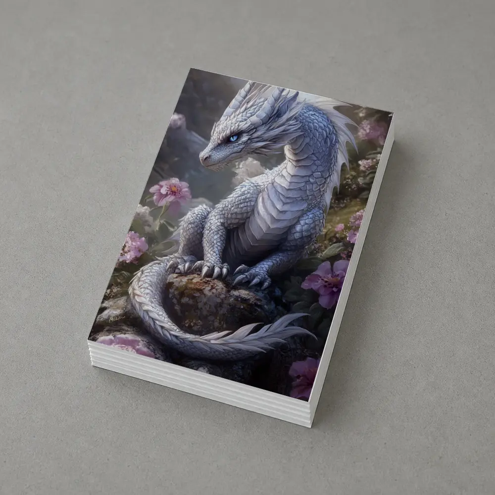 White Dragon Sitting Among Pink Flowers – Postcards