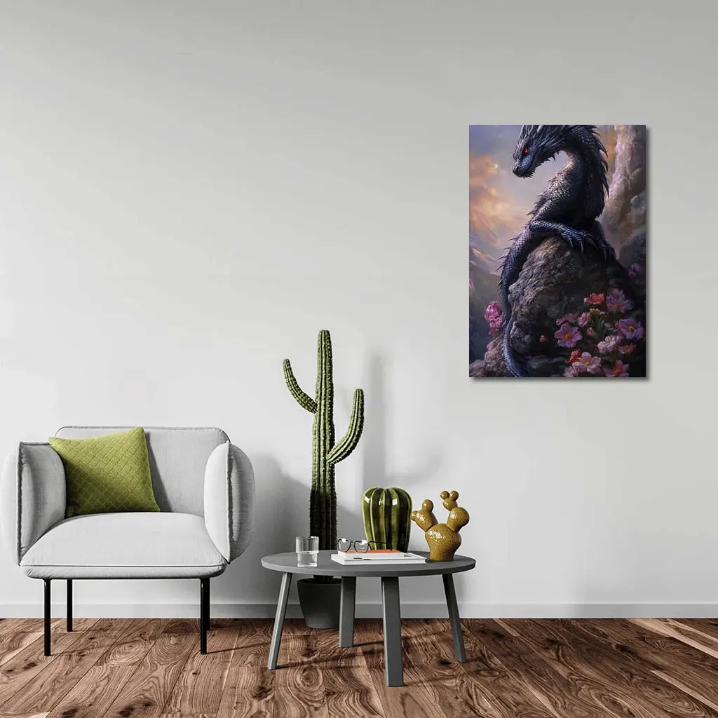 Black Dragon Perched on Rock With Flowers – Wall Art