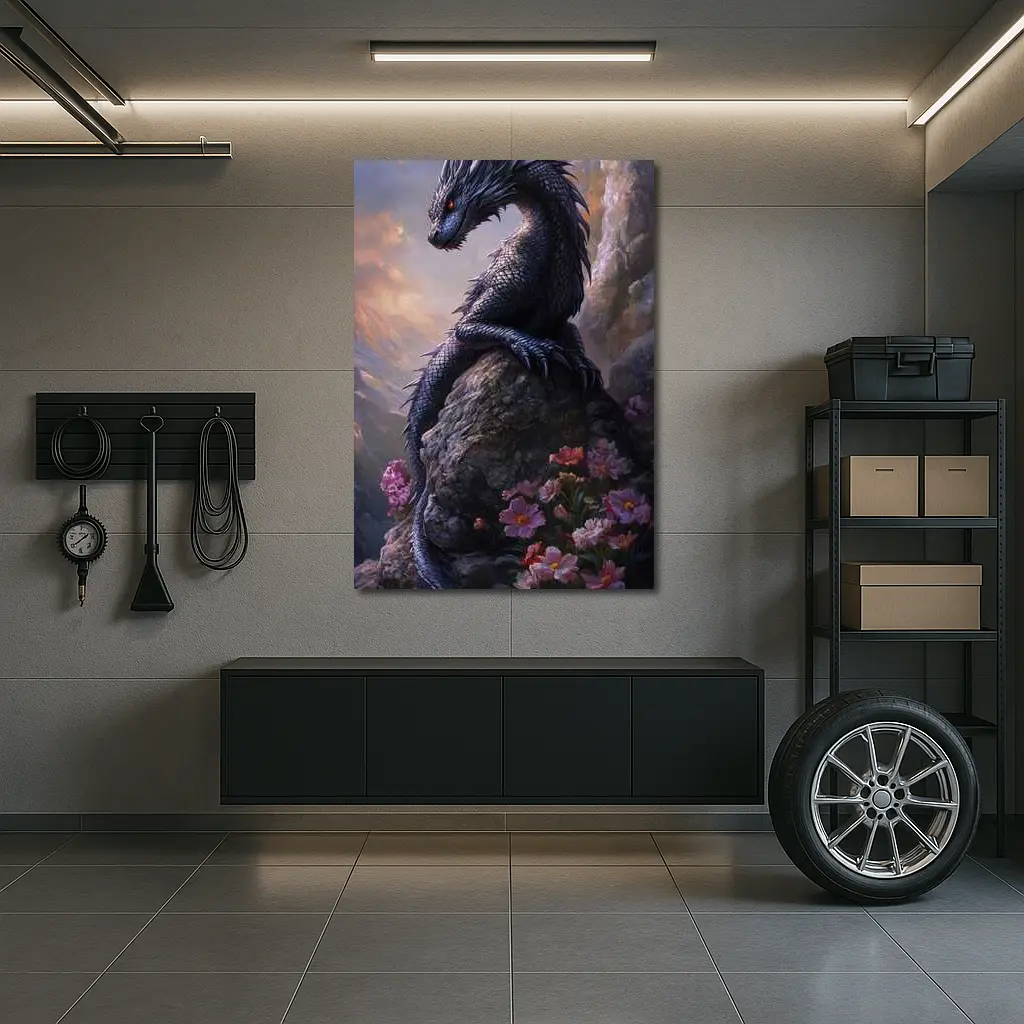 Black Dragon Perched on Rock With Flowers – Wall Art