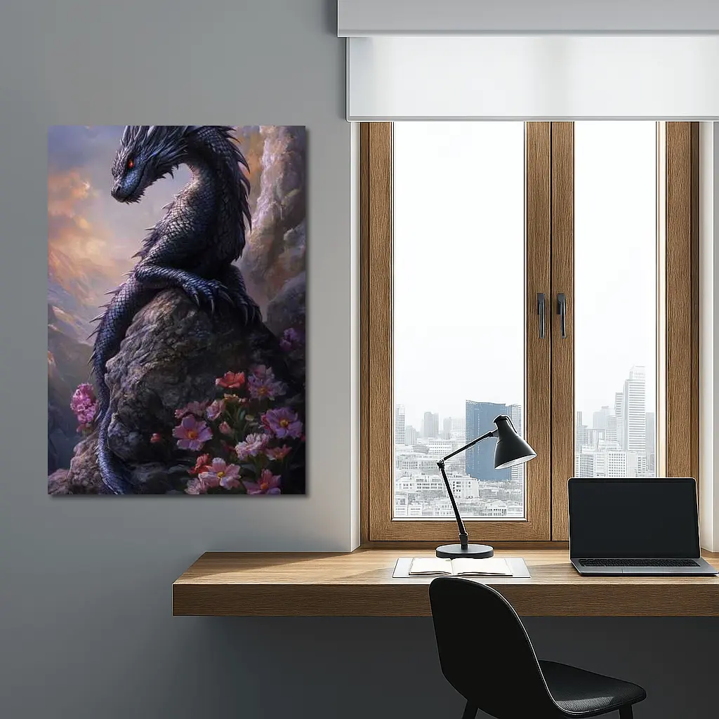 Black Dragon Perched on Rock With Flowers – Wall Art