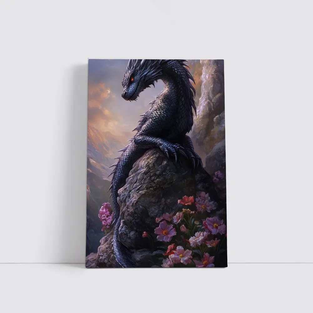Black Dragon Perched on Rock With Flowers – Wall Art