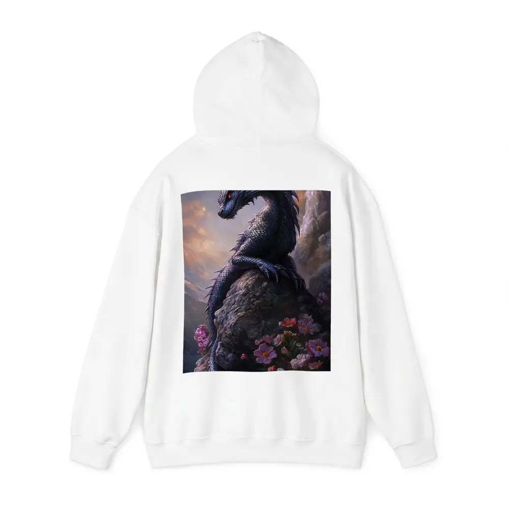 Black Dragon Perched on Rock With Flowers – Hoodies