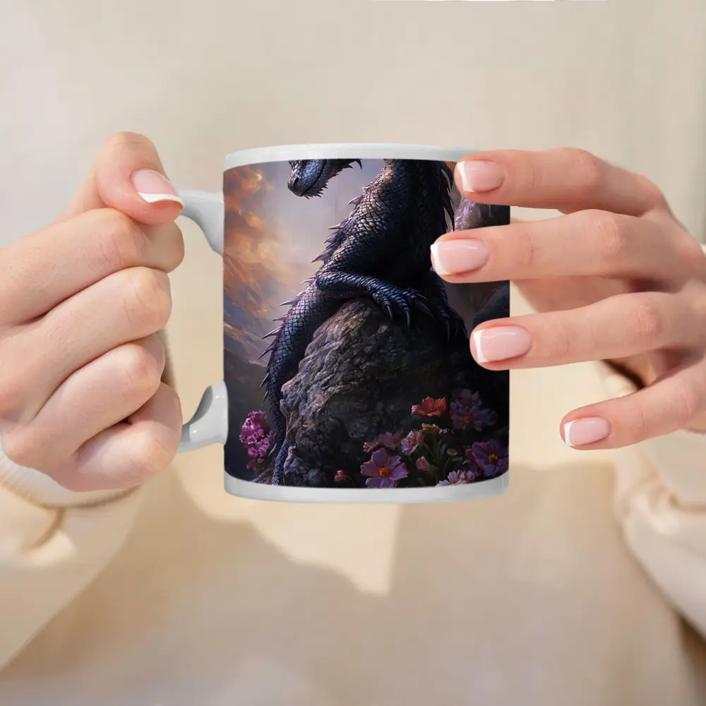 Black Dragon Perched on Rock With Flowers – Mugs