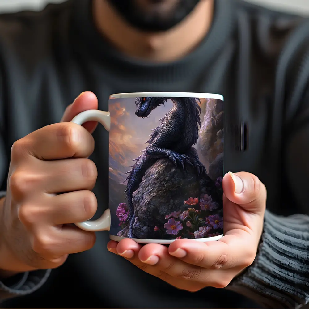 Black Dragon Perched on Rock With Flowers – Mugs