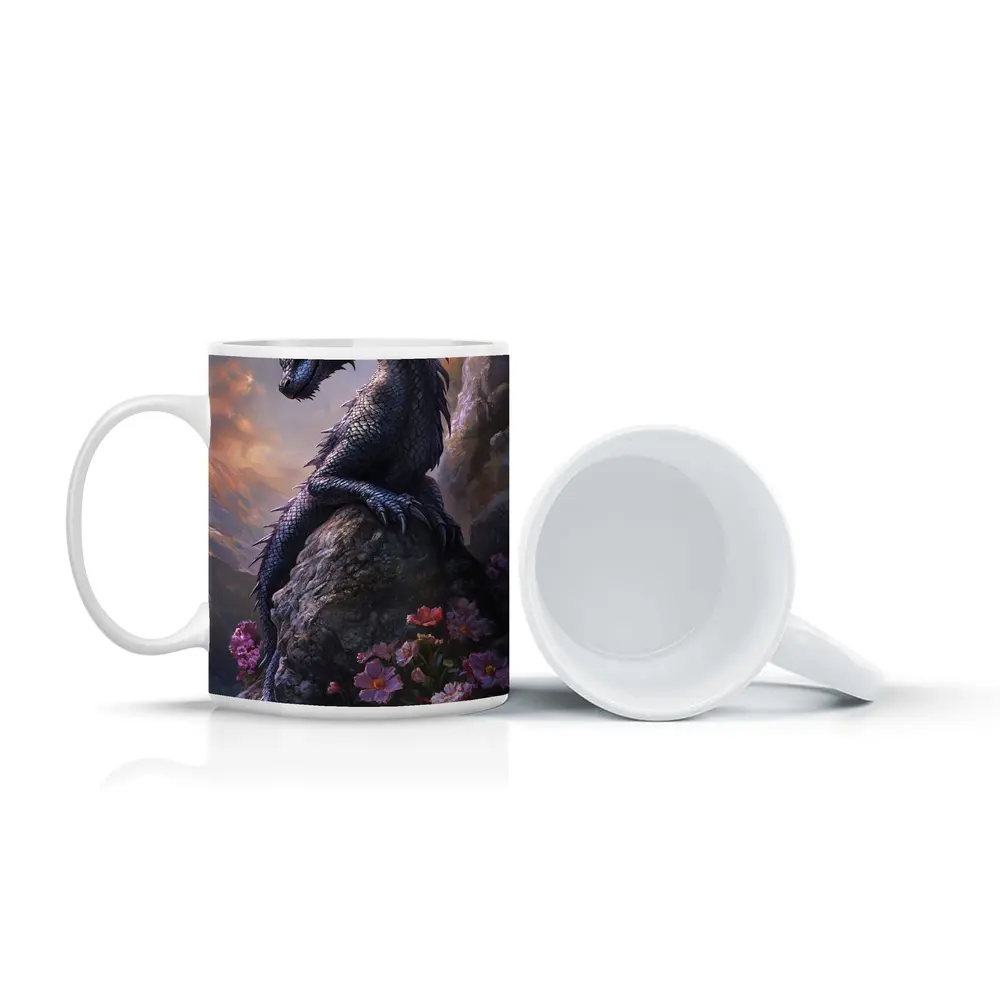 Black Dragon Perched on Rock With Flowers – Mugs