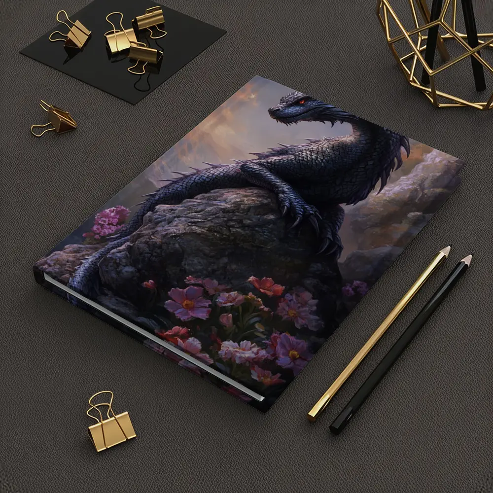 Black Dragon Perched on Rock With Flowers – Notebooks