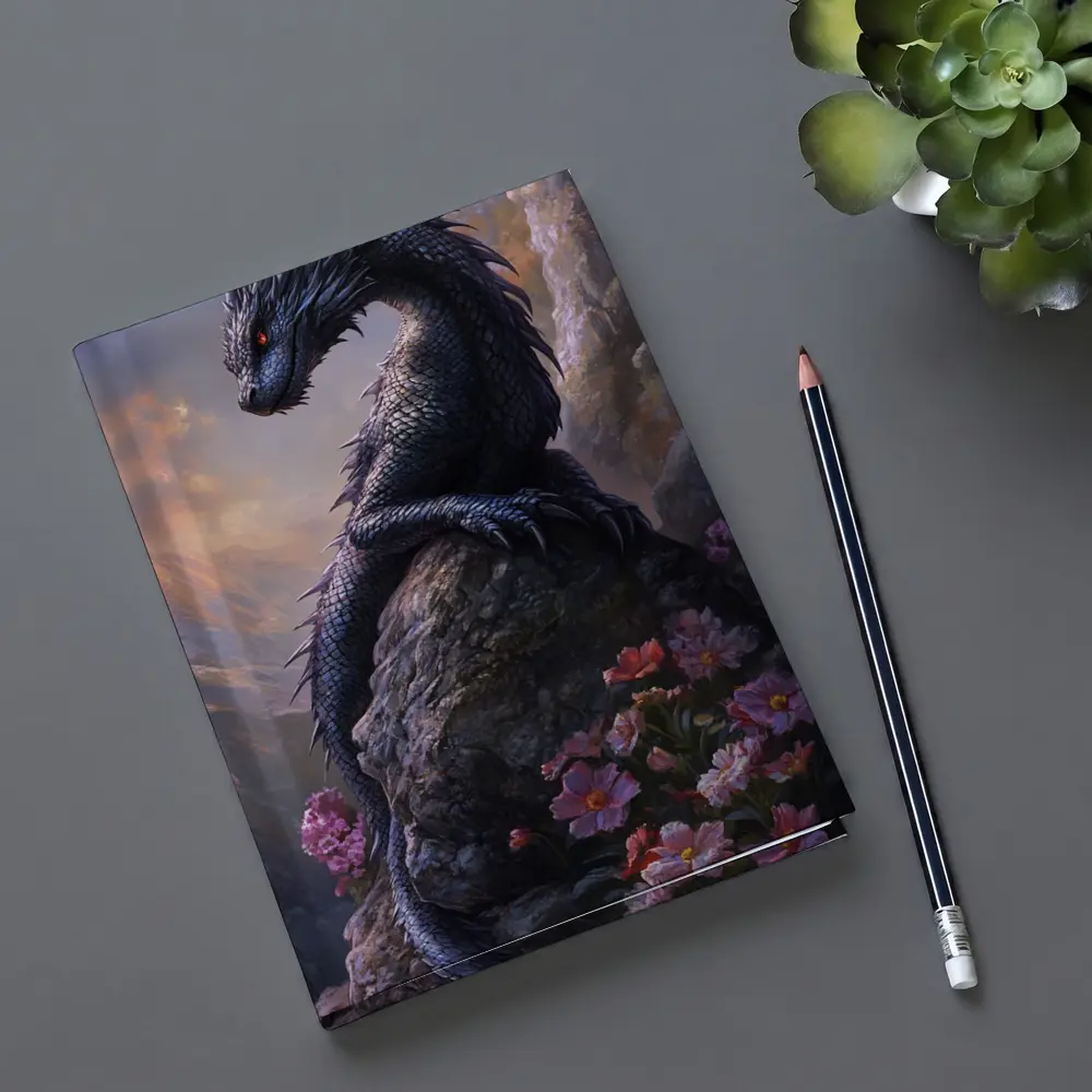 Black Dragon Perched on Rock With Flowers – Notebooks