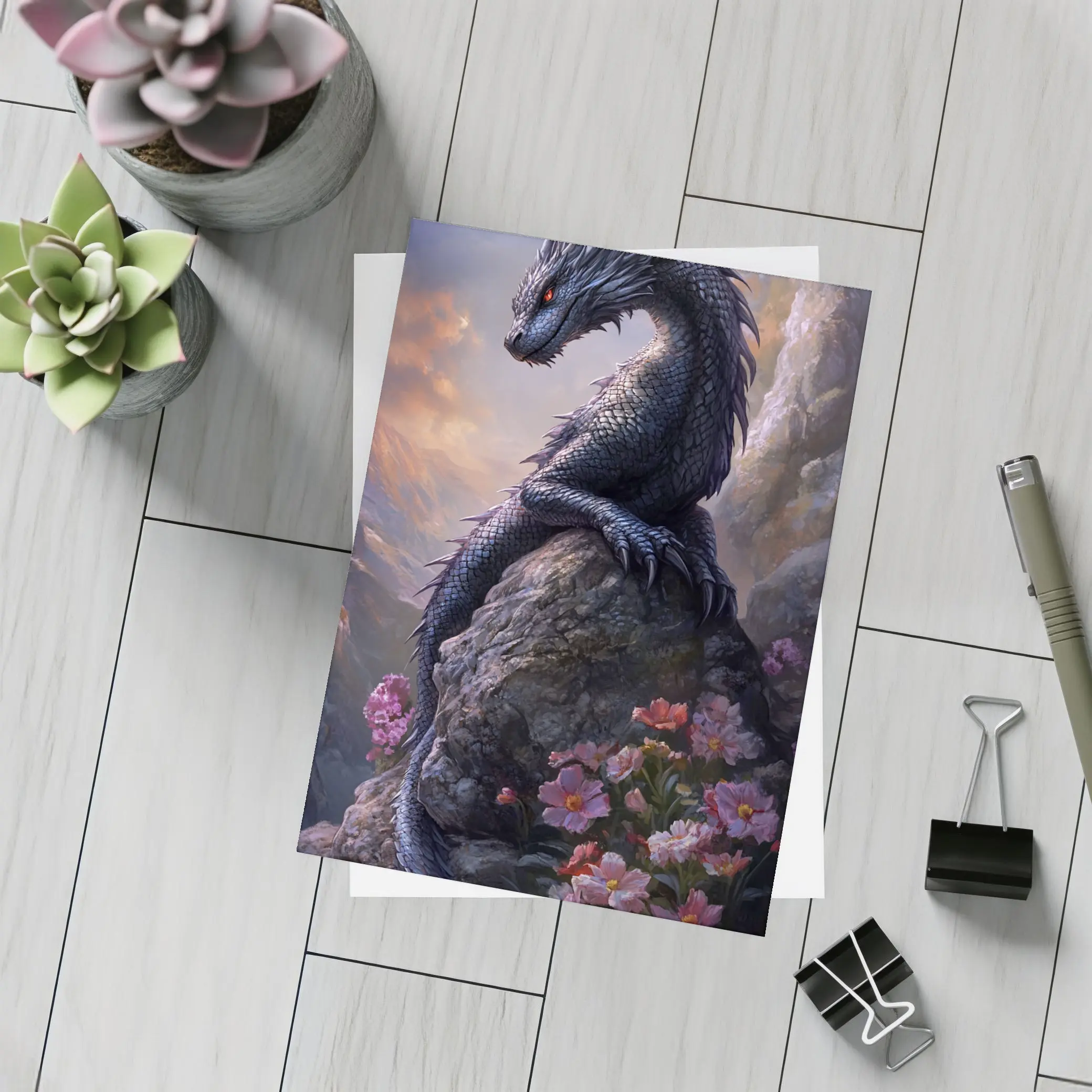 Black Dragon Perched on Rock With Flowers – Postcards