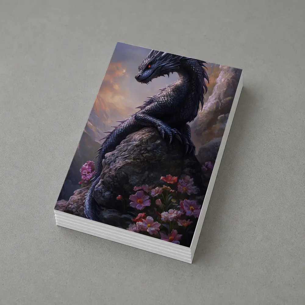 Black Dragon Perched on Rock With Flowers – Postcards