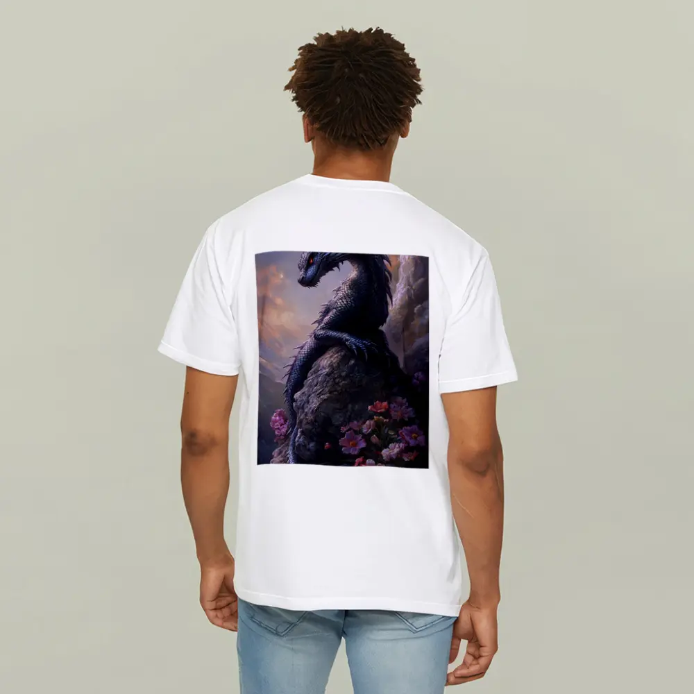 Black Dragon Perched on Rock With Flowers – T-Shirts
