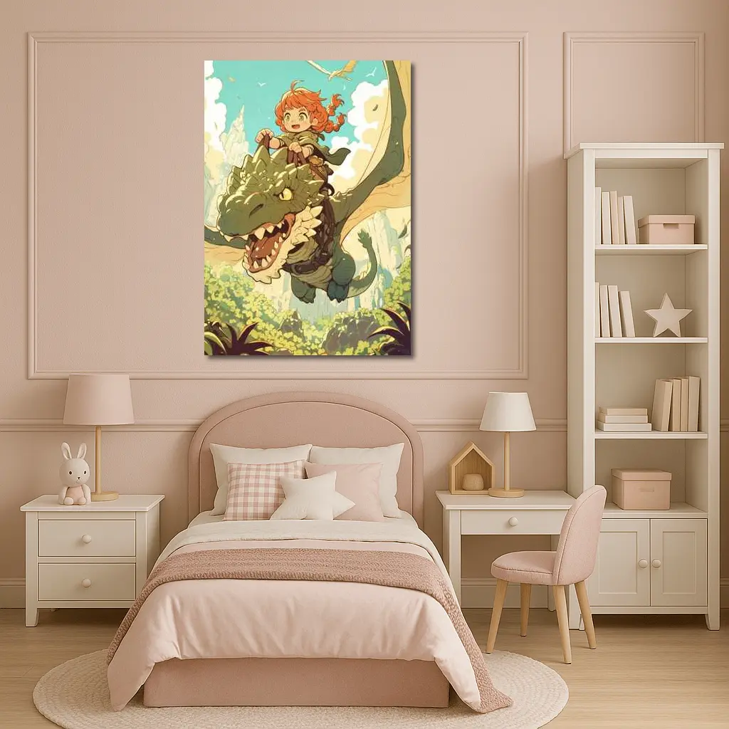 Anime Girl Riding Dragon Fantasy Forest – Wall Art