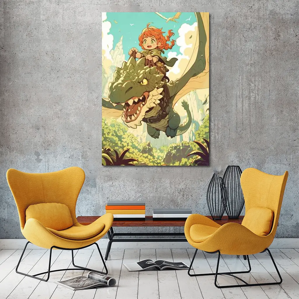 Anime Girl Riding Dragon Fantasy Forest – Wall Art