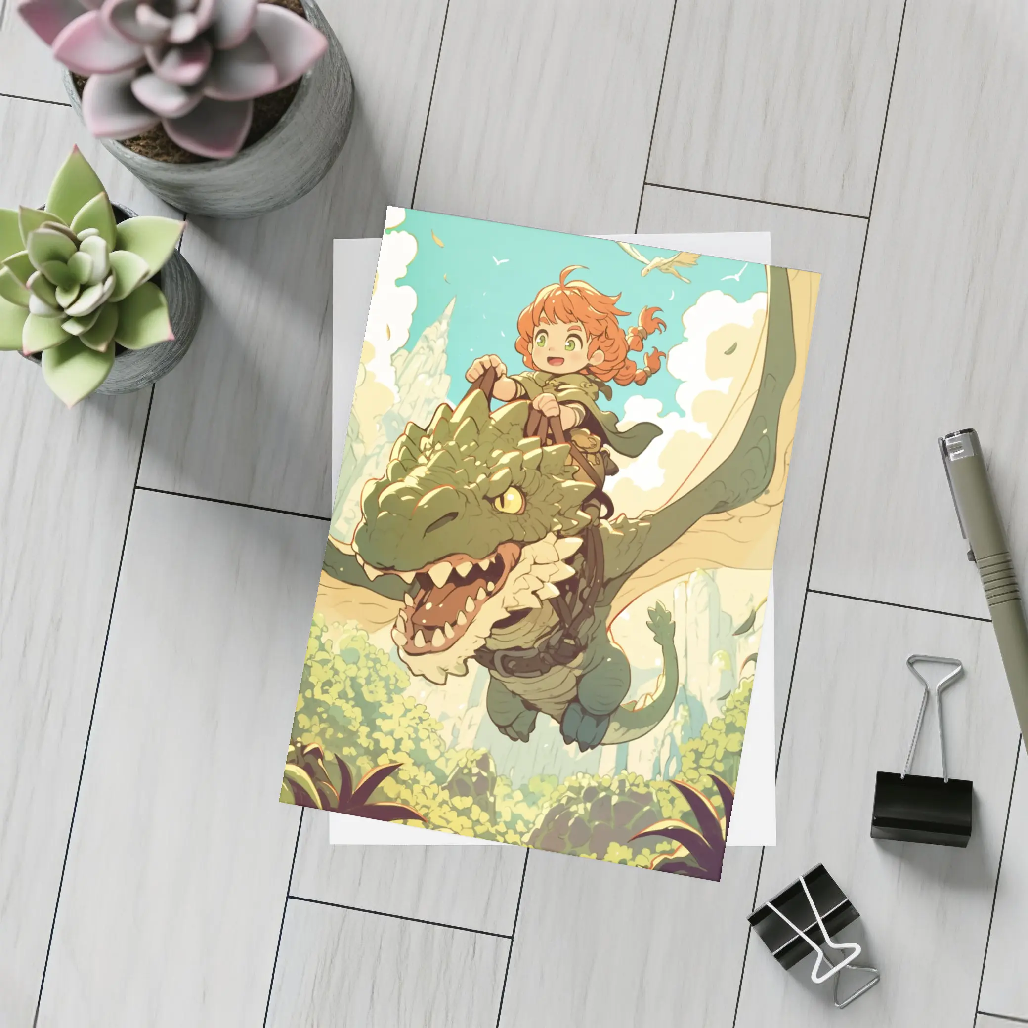 Anime Girl Riding Dragon Fantasy Forest – Postcards