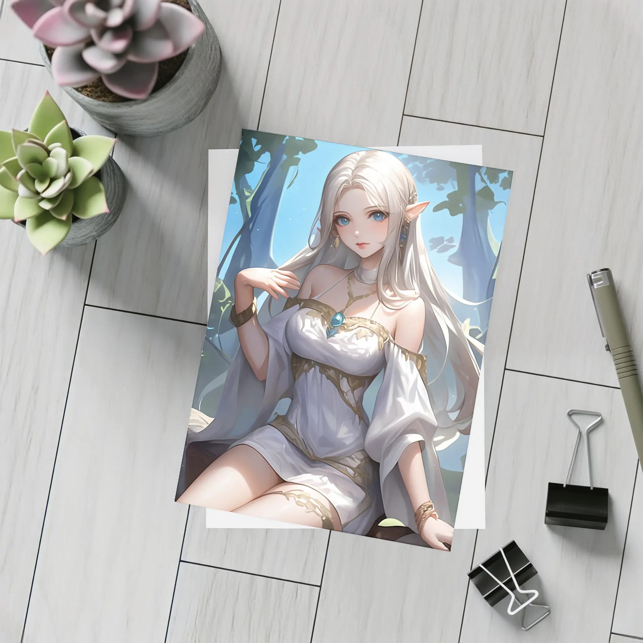 Anime Elf Girl White Dress Forest – Postcards