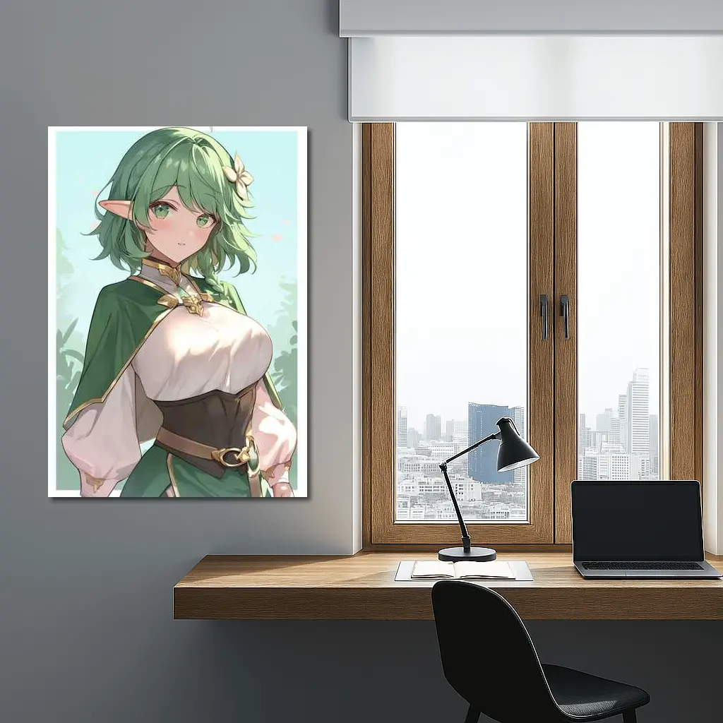 Anime Elf Girl Green Hair Forest Background – Wall Art