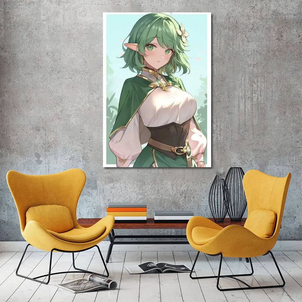 Anime Elf Girl Green Hair Forest Background – Wall Art