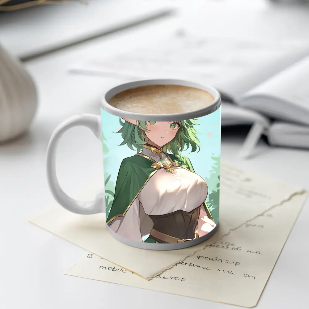 Anime Elf Girl Green Hair Forest Background – Mugs