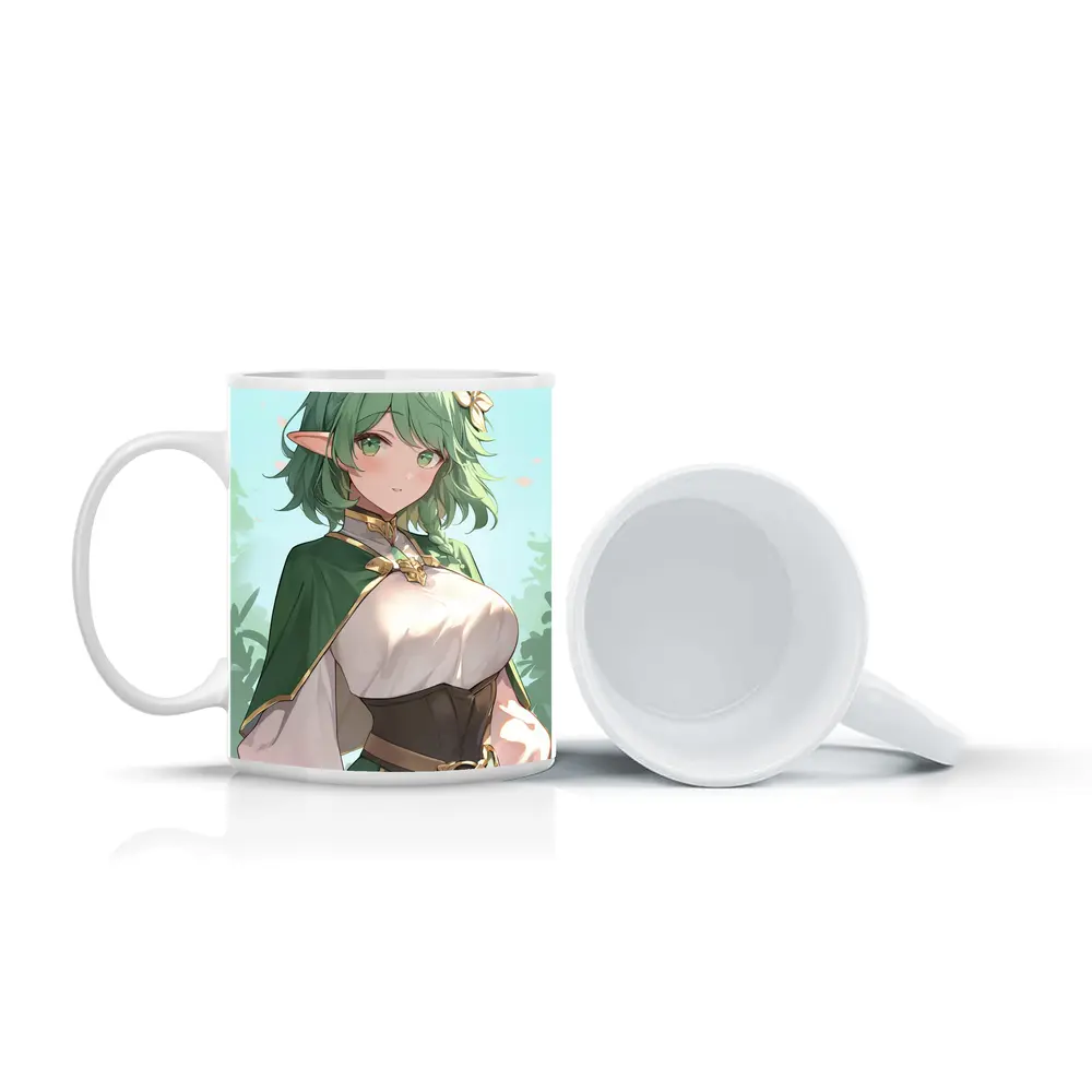 Anime Elf Girl Green Hair Forest Background – Mugs