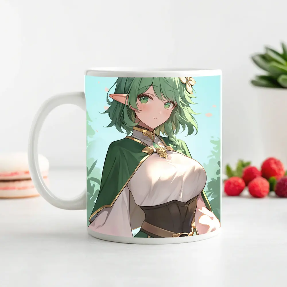 Anime Elf Girl Green Hair Forest Background – Mugs