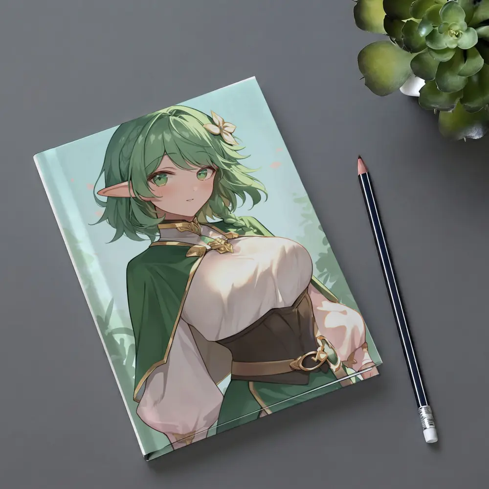 Anime Elf Girl Green Hair Forest Background – Notebooks