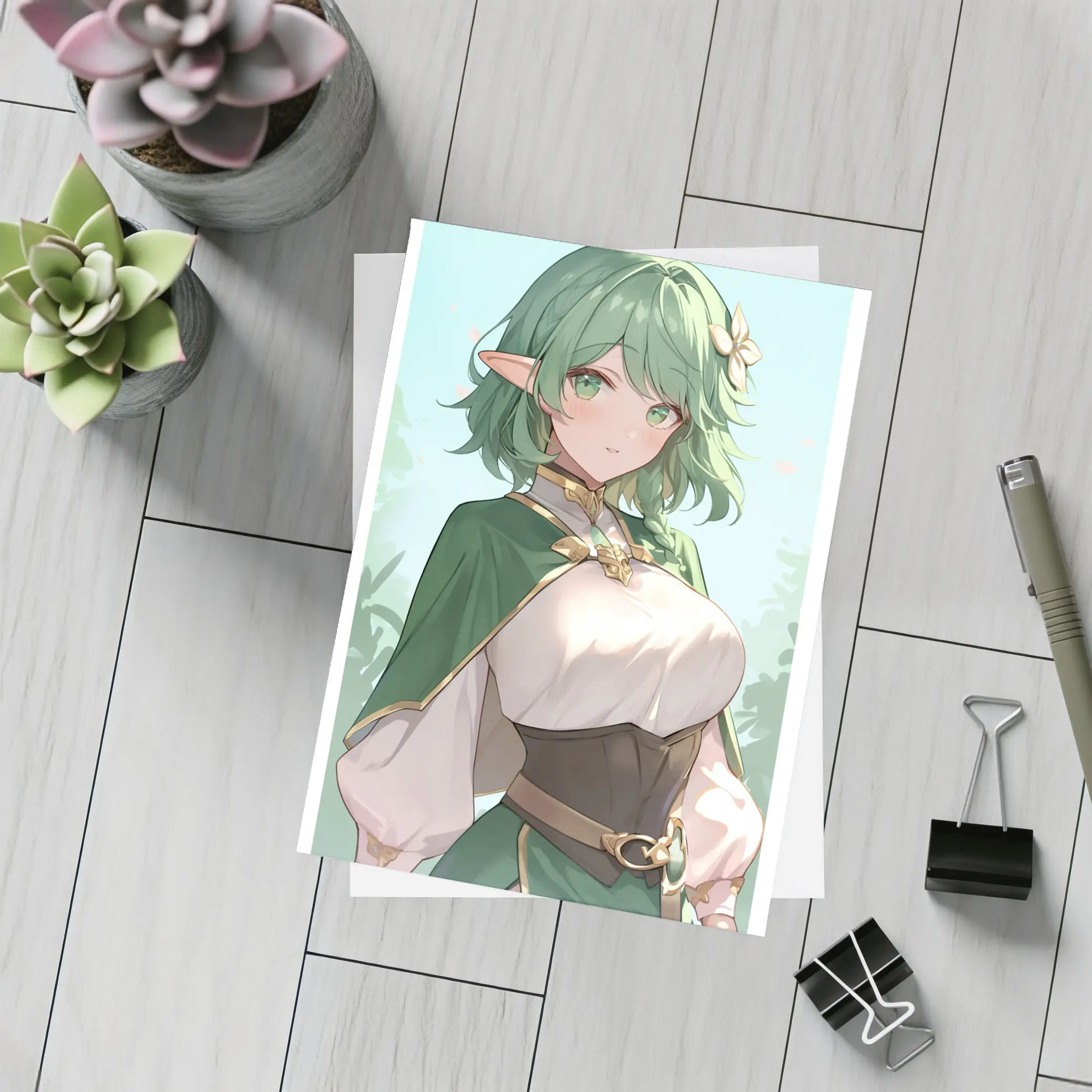 Anime Elf Girl Green Hair Forest Background – Postcards