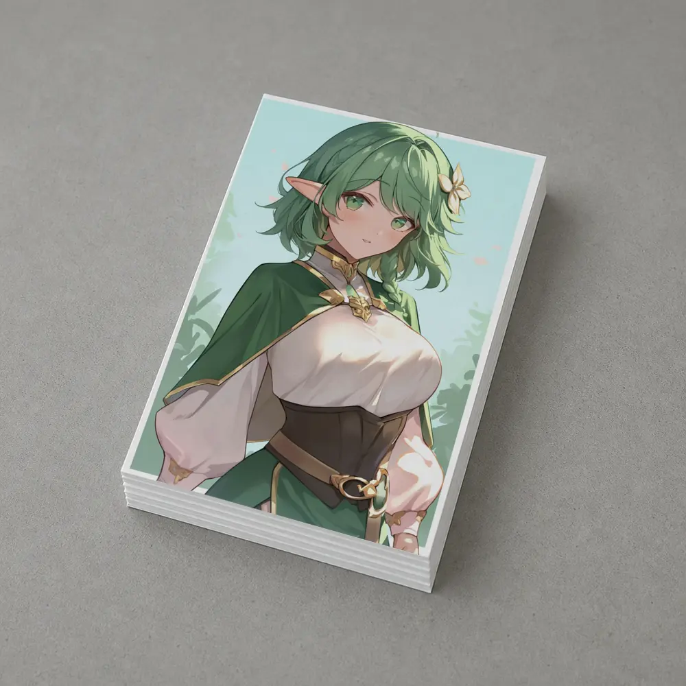 Anime Elf Girl Green Hair Forest Background – Postcards