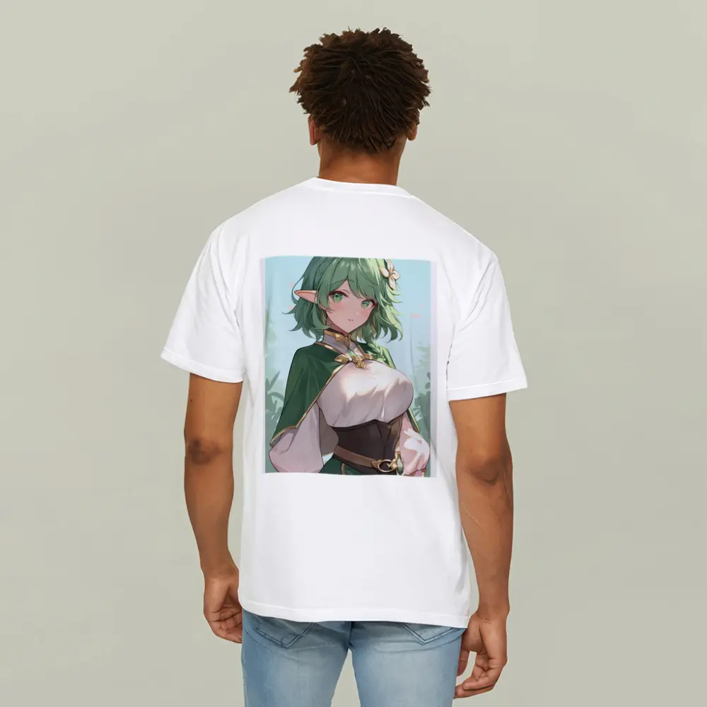 Anime Elf Girl Green Hair Forest Background – T-Shirts