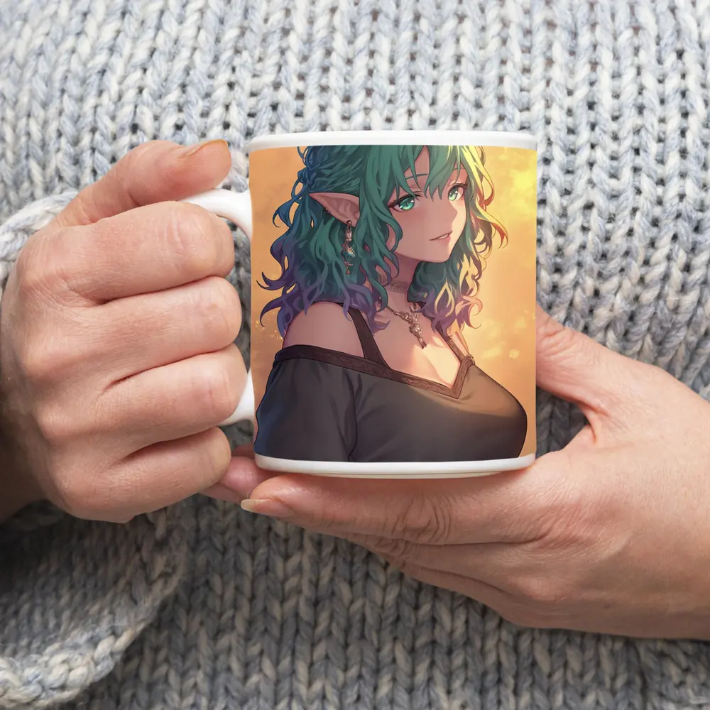 Anime Elf Girl Rainbow Hair Fantasy Art – Mugs