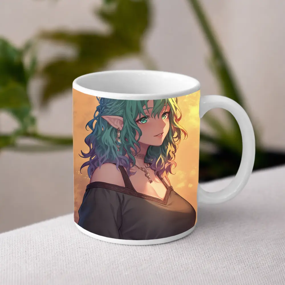 Anime Elf Girl Rainbow Hair Fantasy Art – Mugs