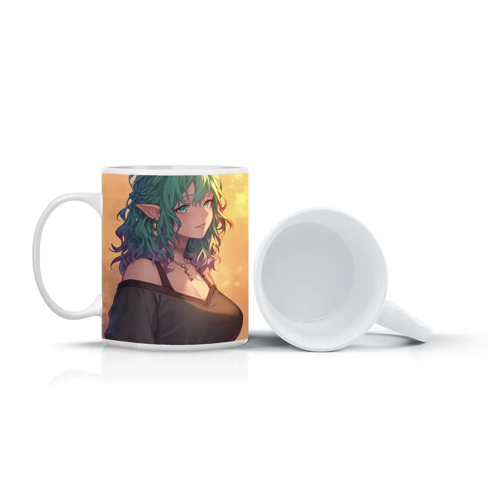 Anime Elf Girl Rainbow Hair Fantasy Art – Mugs