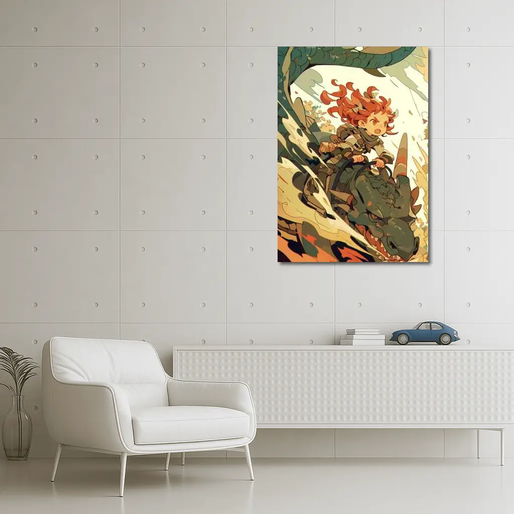 Anime Girl Riding Dragon Fantasy Art – Wall Art