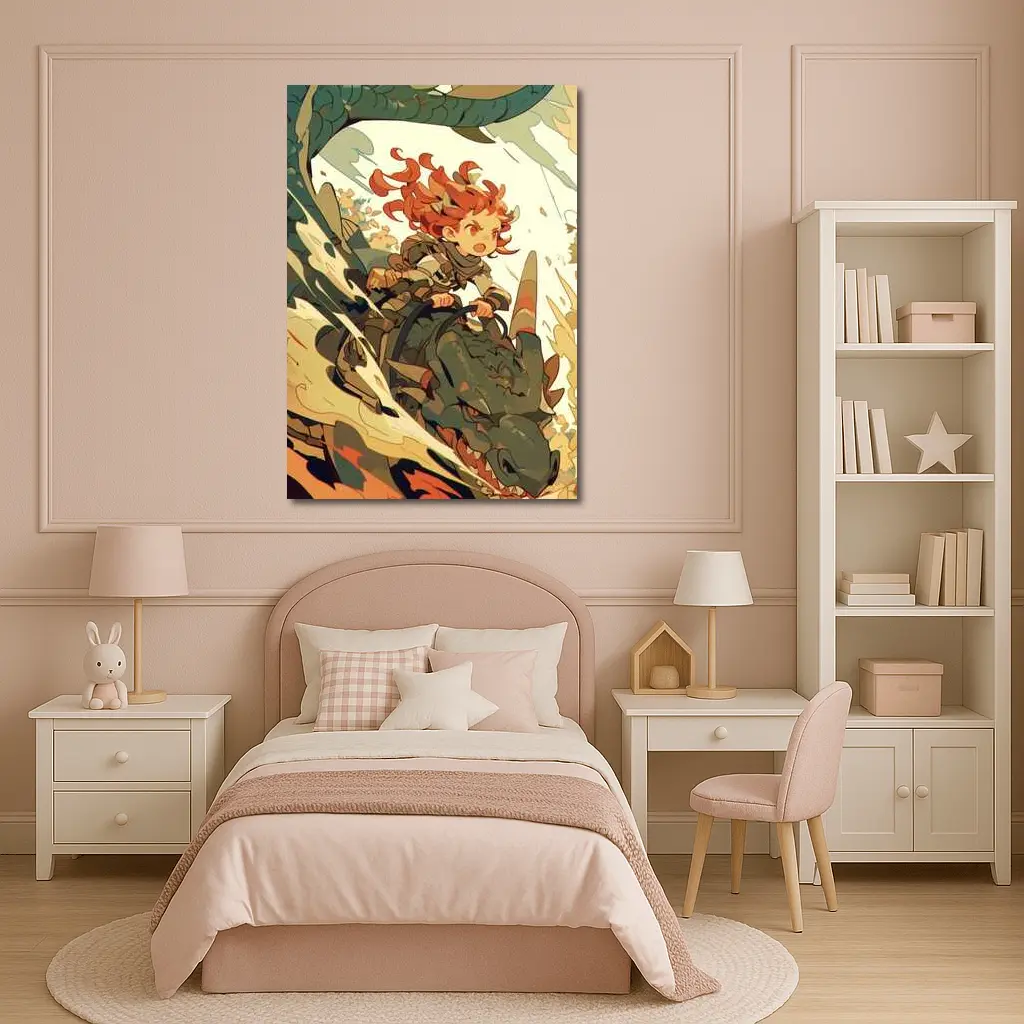 Anime Girl Riding Dragon Fantasy Art – Wall Art