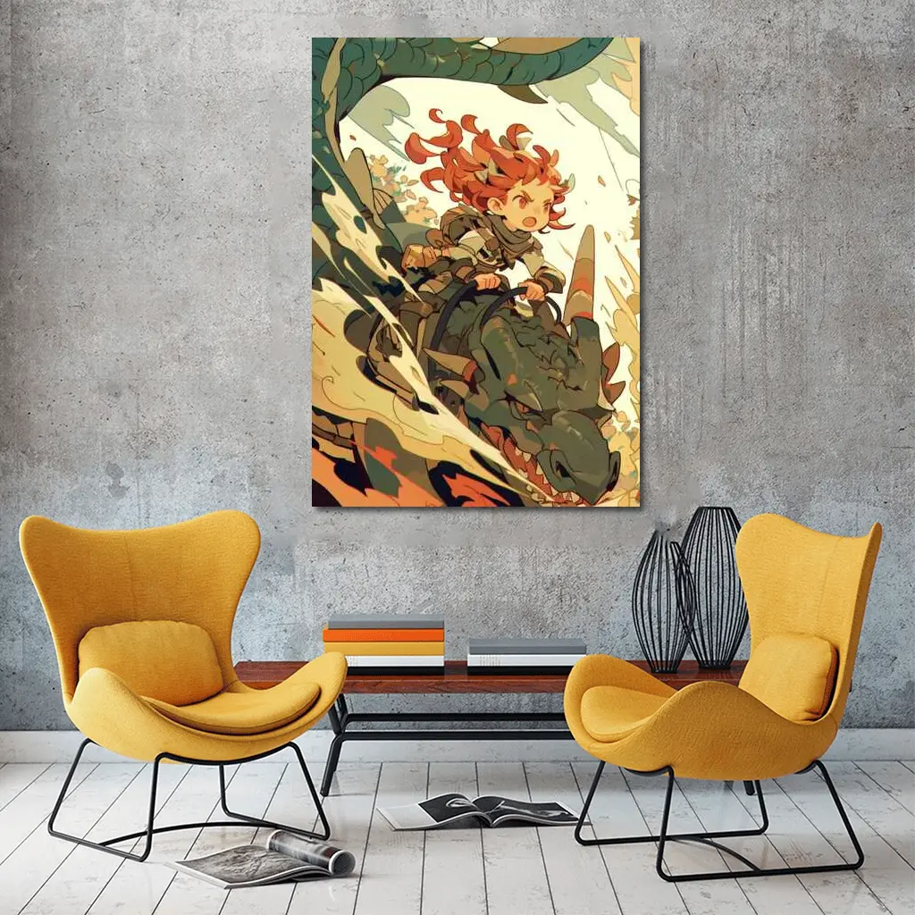 Anime Girl Riding Dragon Fantasy Art – Wall Art