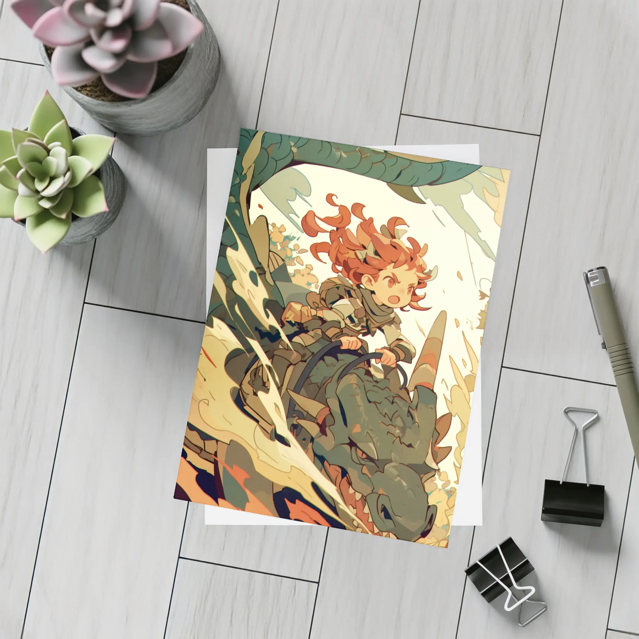 Anime Girl Riding Dragon Fantasy Art – Postcards